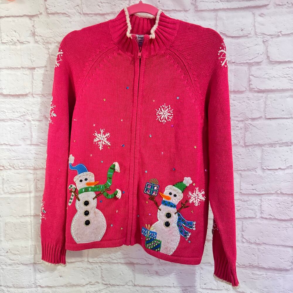 Tiara International Red zip up sweater with snowmen sz M Cotton Vintage Xmas